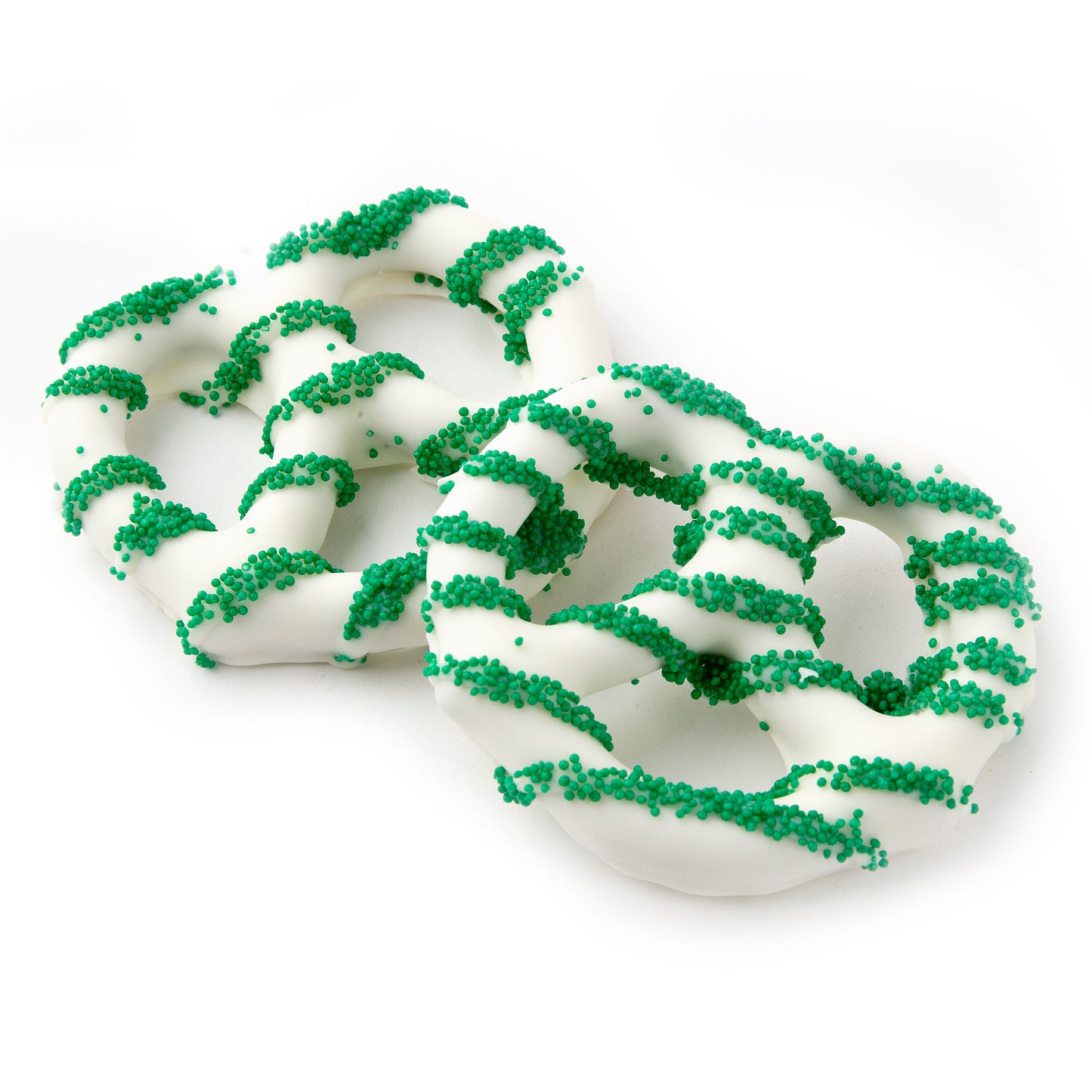 White Chocolate Covered Pretzels with Green Nonpareils