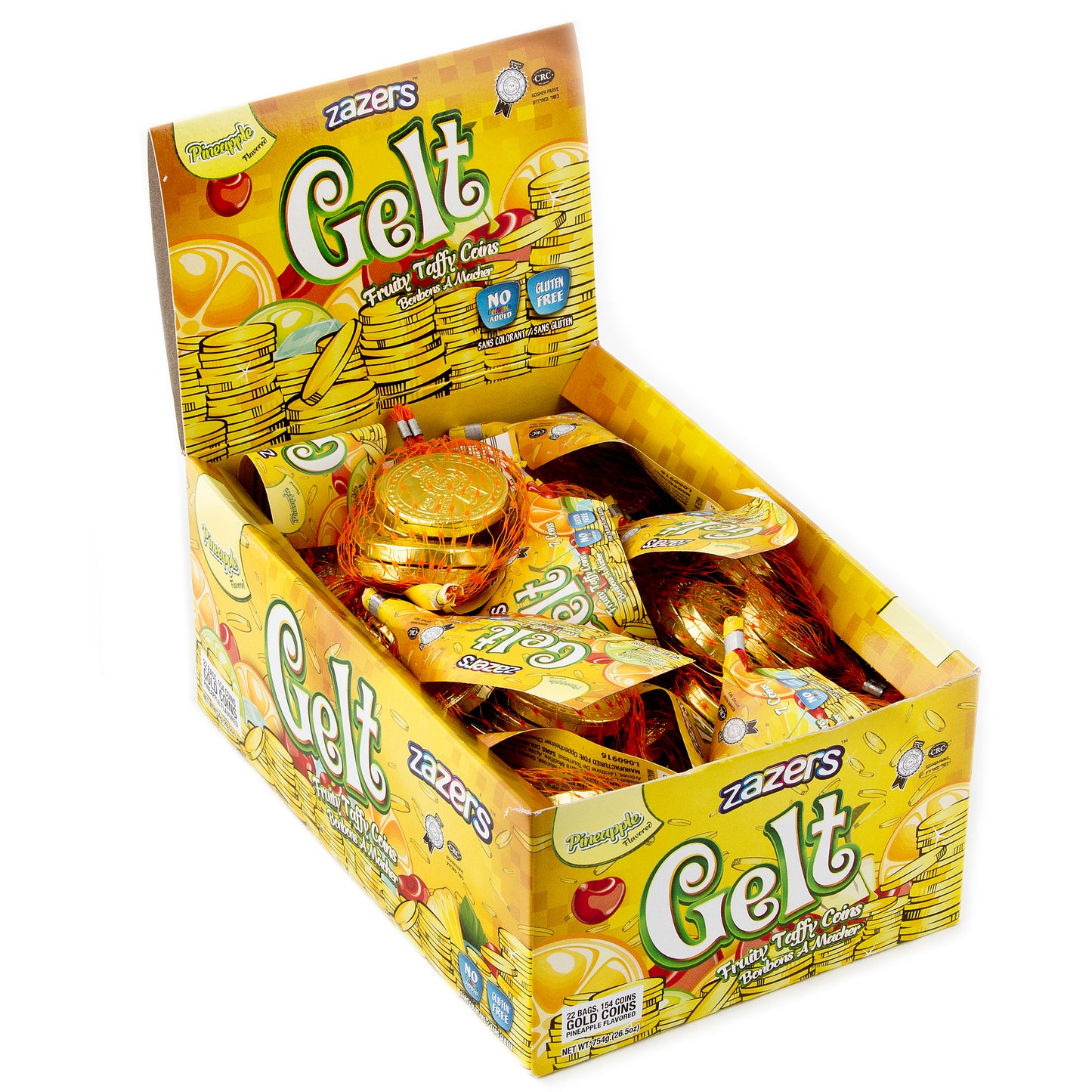 Hanukkah Pineapple Taffy Gelt Mesh Bags Gold Coins - 22CT Box