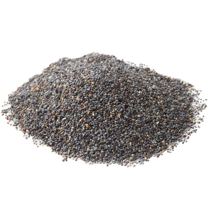 A pile of poppy seeds on a white background