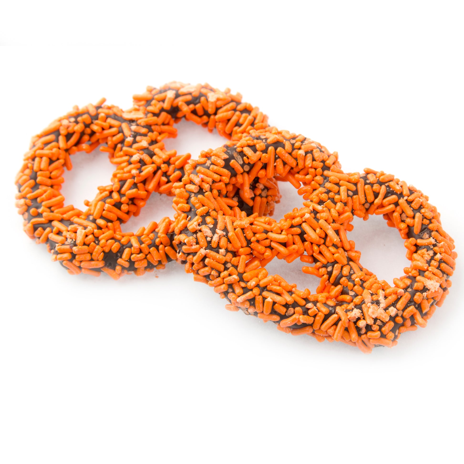 Belgian Chocolate Covered Pretzels with Orange Sprinkles