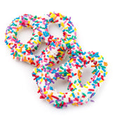White Chocolate Covered Pretzels with Rainbow Sprinkles