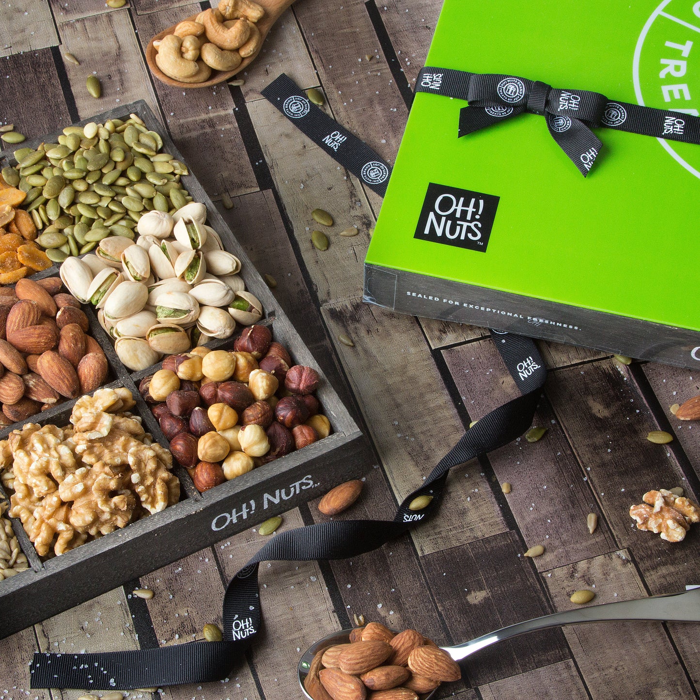Holiday 9 Section Gourmet Nuts Wood Tray