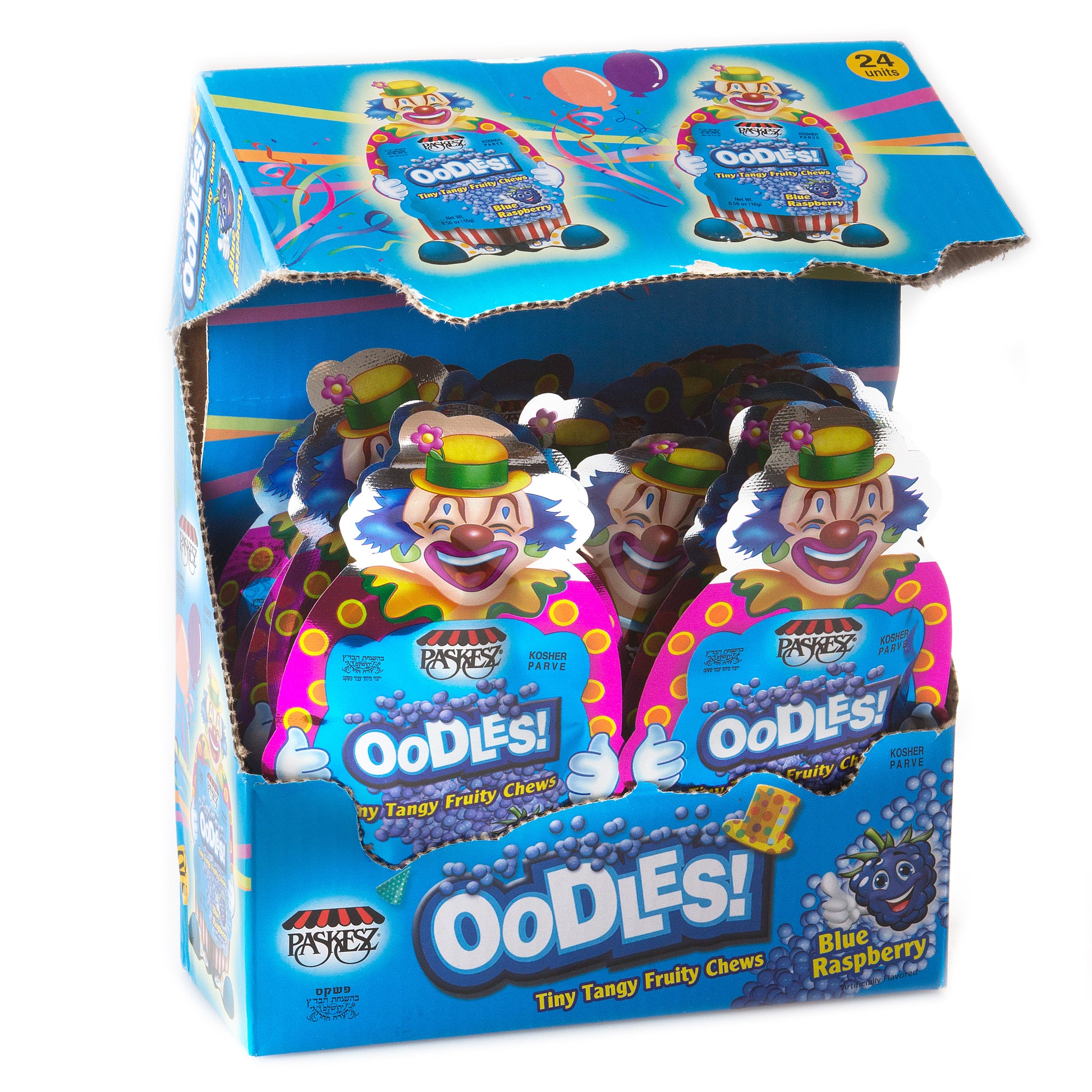 Oodles Purim Clown Tiny Tangy Blue Raspberry Fruity Chews - 24CT