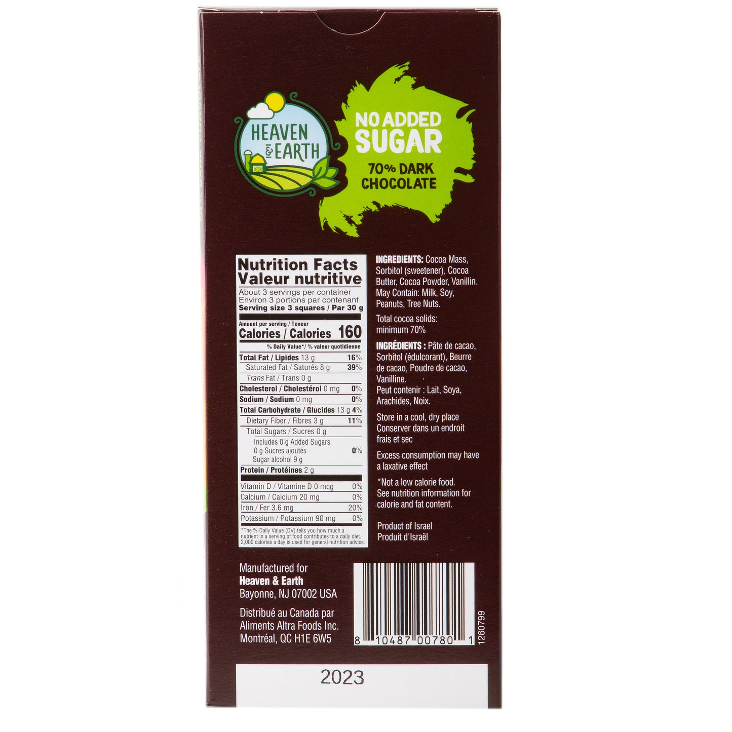 Passover No Added Sugar 70% Dark Chocoalte Bar